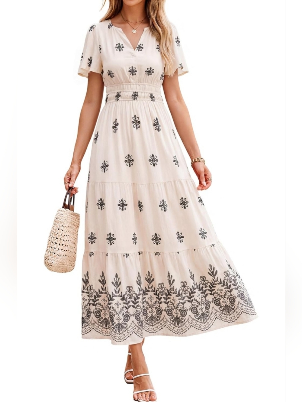 NWT Boho Floral Tiered Maxi Dress Size 12/14 Flowy V Neck Summer Midi Maxi